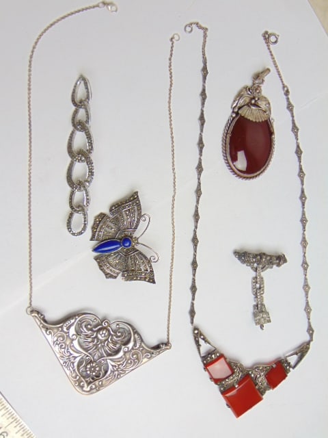 Vintage Sterling & Marcasite Jewelry lot to include marcasite lapis butterfly pin; carnelian (1 of 7)