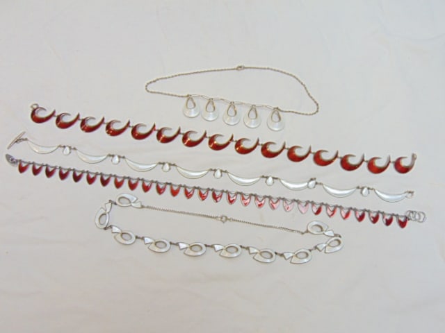 Jewelry. (5) Denmark sterling guilloche necklaces. (3) white enamel & (2) red enamel. good condition (1 of 6)