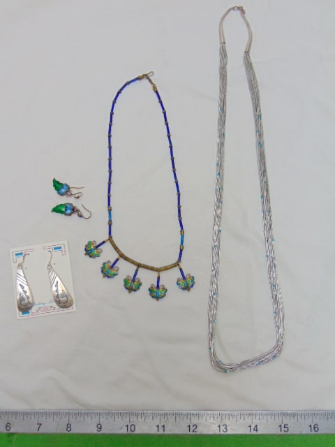 Sterling & enamel lot of jewelry lot to include liquid sterling necklace w/ tiny little turquoise (1 of 4)