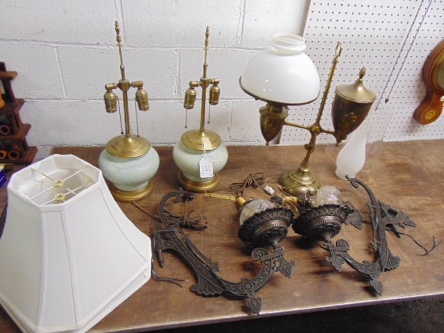 Lot lamps, pair oil lamp wall sconces (electrified), pair ceramic base table lamps with shades, (1 of 7)
