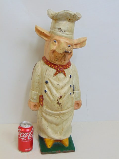 Cast iron pig in chefs clothing, painted, pig is 22.75" tall (1 of 4)