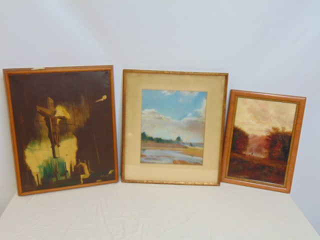 3 paintings, crucifix, signed M. Brenza, oil on canvas, 20" by 16"; pastel, figure on beach, (1 of 4)