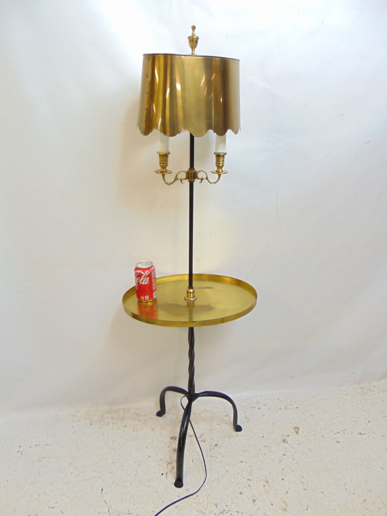 Brass & iron floorlamp, side table, lamp has brass tray & shade, wrought iron base, height is 53" (1 of 4)