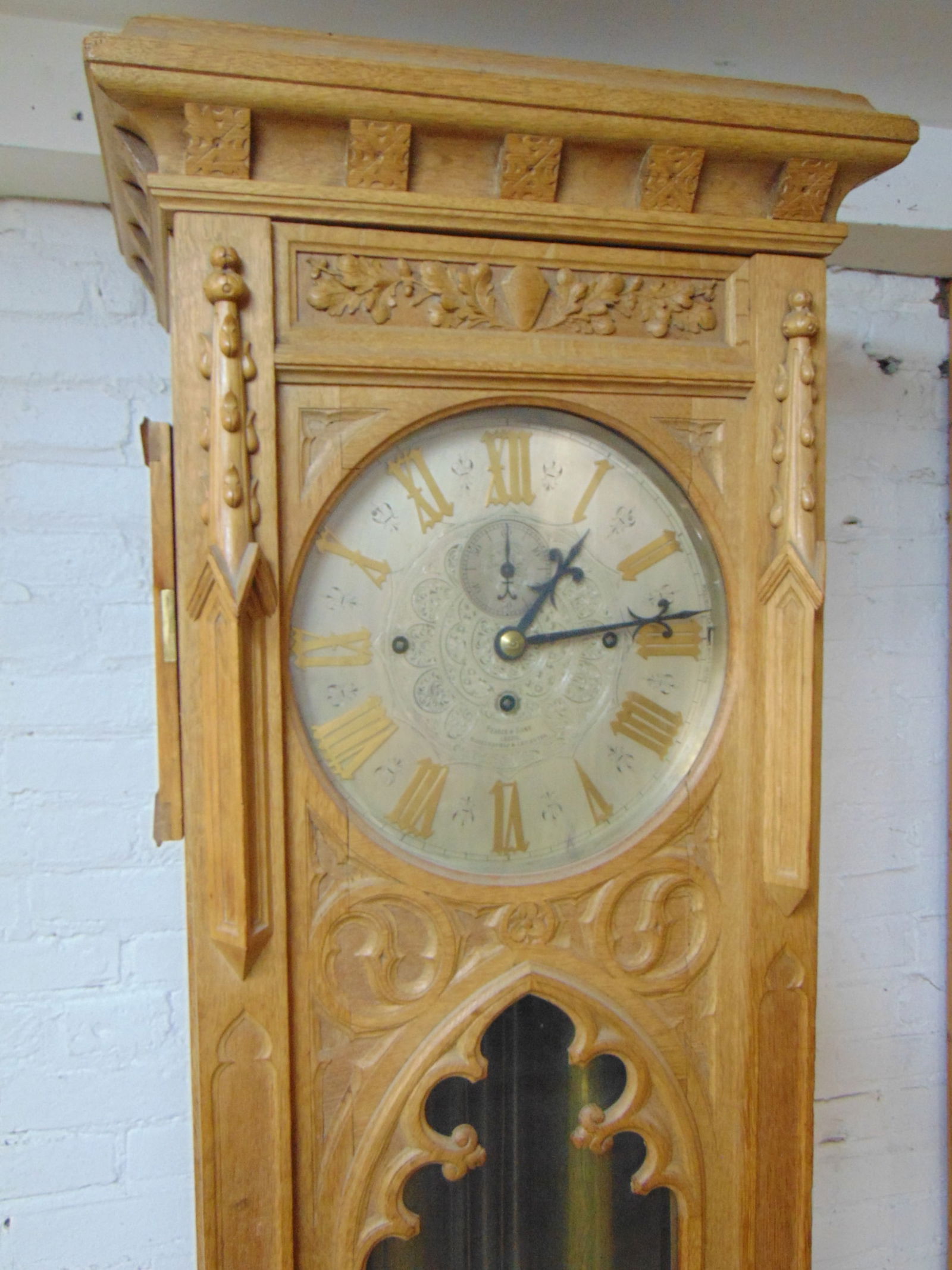 Exceptional Gothic revival tall case clock with 8 tubes, mercury weight by Pearce & Sons, Leeds (1 of 20)