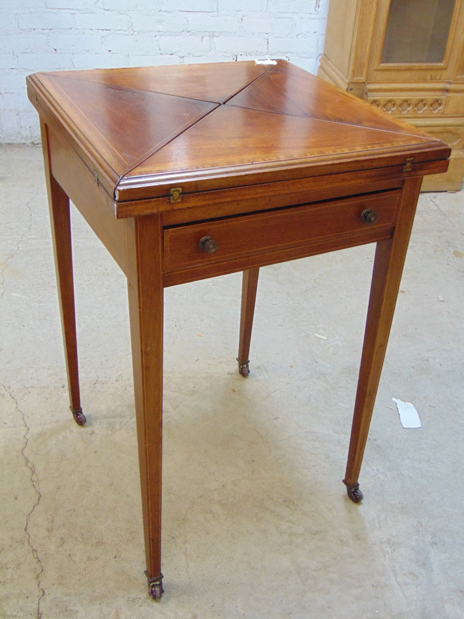 Inlaid mahogany & walnut handkerchief game stand, table with single drawer & leather top, inlaid det (1 of 7)