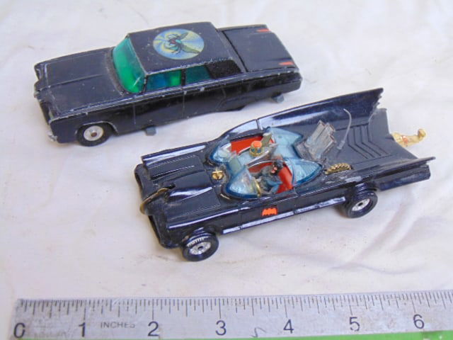 Two vintage toy cars, Batmobile & The Green Hornets "Black Beauty" both by Corgi toys, some wear, (1 of 6)