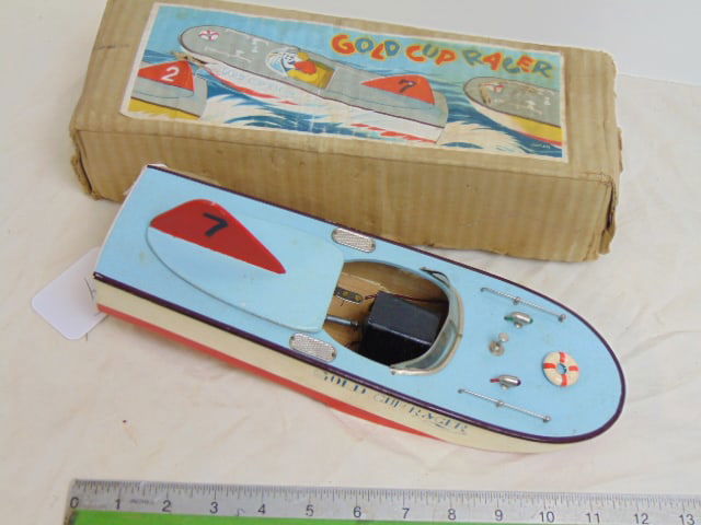 Vintage toy boat, "Gold Cup Racer", wood construction, in original box, battery powered. (1 of 5)