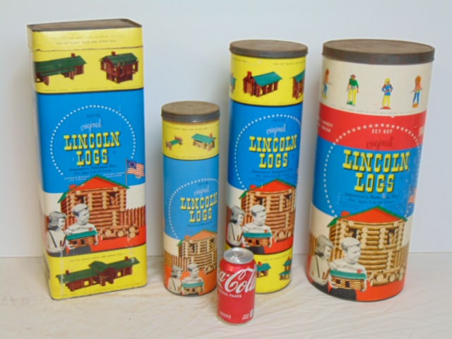 4 large "Lincoln Logs" canisters filled with logs, Cowboys & Indians, "Original Lincoln Logs, (1 of 7)