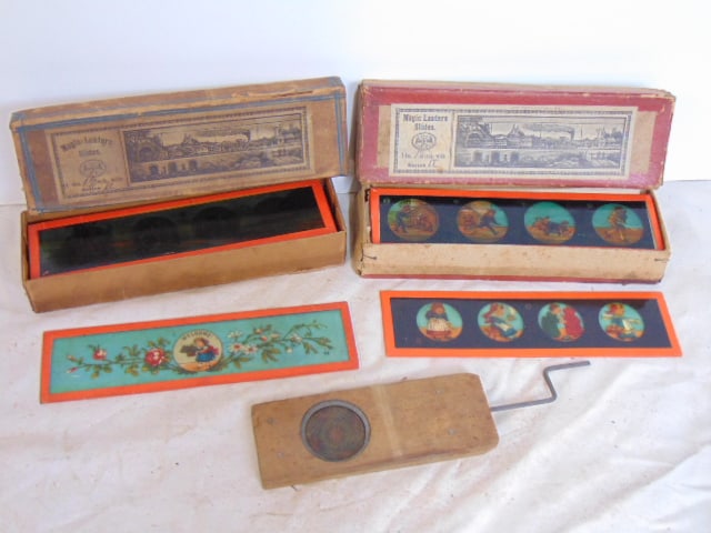 Lot Magic Lantern slides, two boxes plus single mechanical flower slide. (1 of 4)