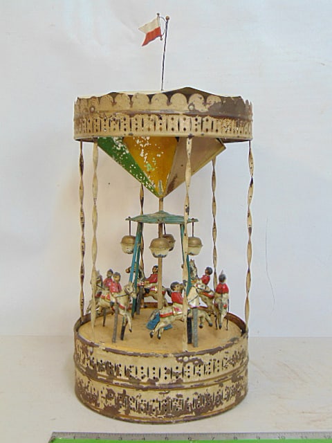 Early Kraus style carousel toy, wind up, painted tole, riders on horseback bells, old paint, height (1 of 6)