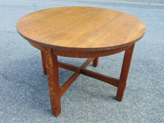 Arts & crafts Stickley round oak table with cross stretcher base, some veneer damage, top is 42" in (1 of 4)