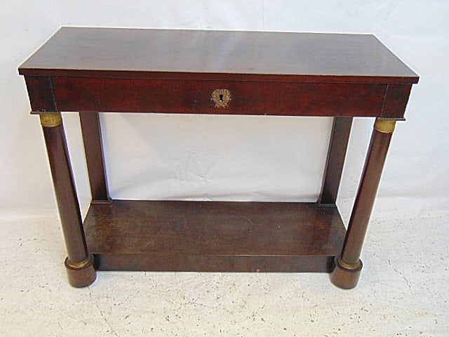 French 19th Century console table with bronze collar columns & single drawer, has veneer loss on (1 of 5)