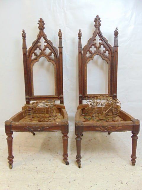 Pair Gothic chair frames in walnut, need seats, back, part of back molding missing (1 of 5)