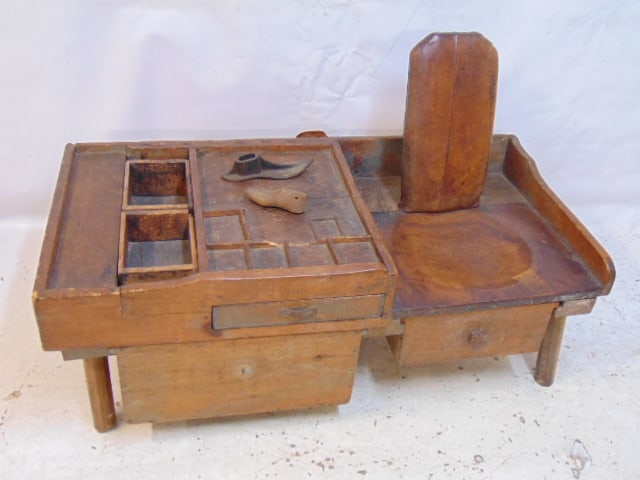 Early cobblers bench with leather seat & backrest plus various drawers, bench is 45" by 22.25", (1 of 5)