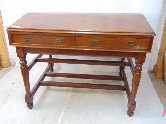 Large double architects desk, slanted top, stretcher base, each side has 2 drawers, top comes off,: Large double architects desk, slanted top, stretcher base, each side has 2 drawers, top comes off, desk is 47.5" by 60.25", height is 47.5", some chips, loss to molding