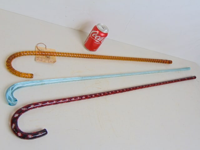 3 Victorian glass canes, in amber, blue & red, red cane is 38.5", amber cane is 32.75" & blue cane (1 of 4)