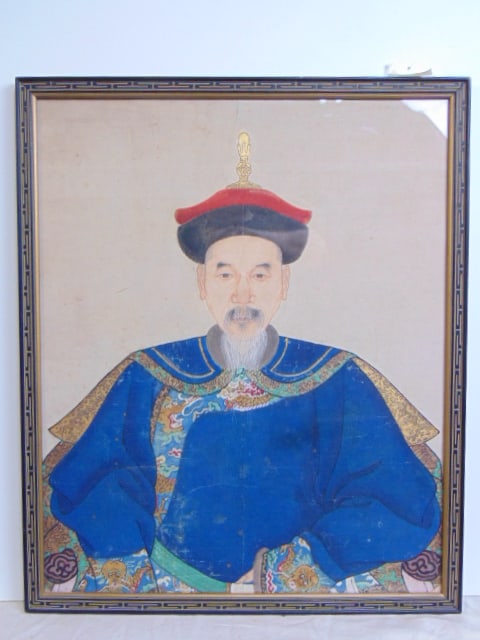 Chinese ancestral portrait, watercolor on paper with gilt detail, 19.75" by 16" (1 of 5)