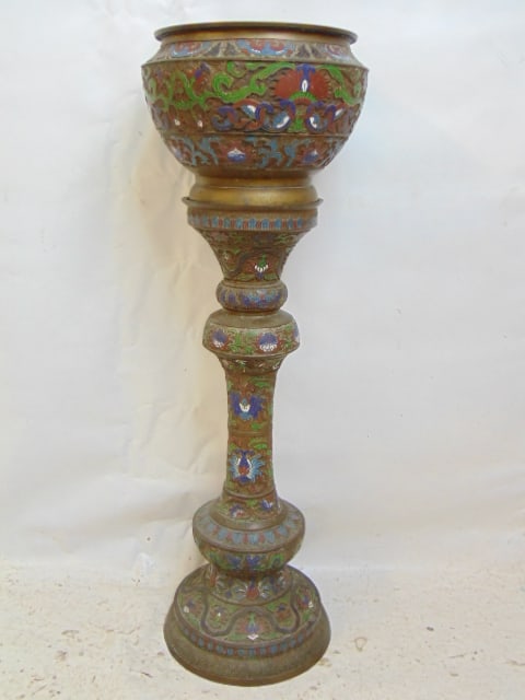 Champleve brass planter on pedestal base, enameled decorations, height as shown is 36.25" (1 of 6)