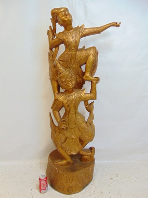 Large Thai figural wood carving in gold paint, 2 dancing temple figures, height is 54" (1 of 6)