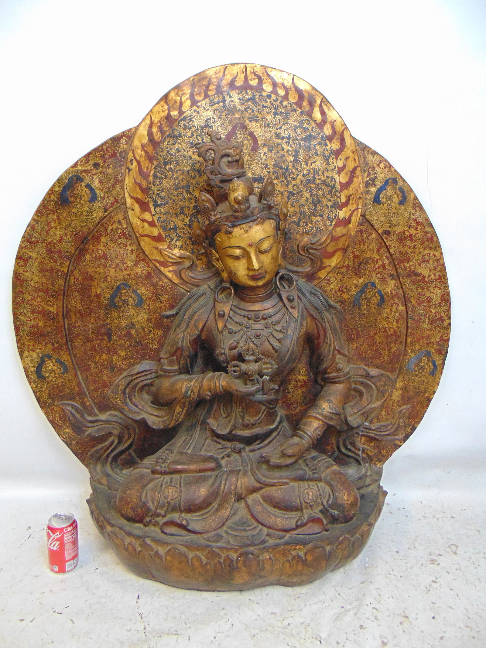 Large cold painted bronze, Nepalese Princess on Lotus throne, holding a double bara, cast in pieces, (1 of 13)