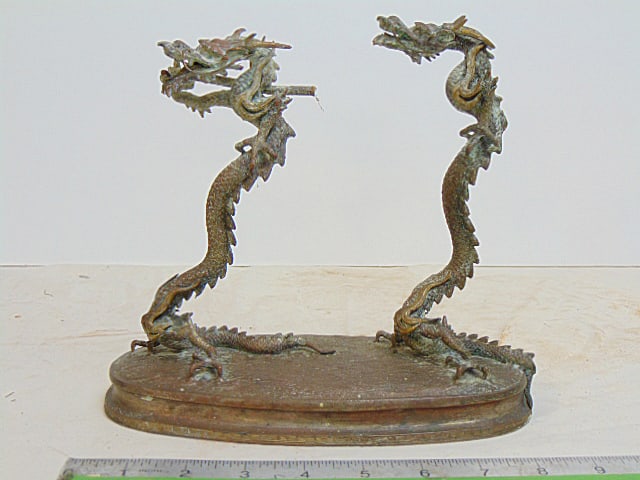Asian gong stand, base with two dragon figures in bronze, signed, height is 7.75" (1 of 5)