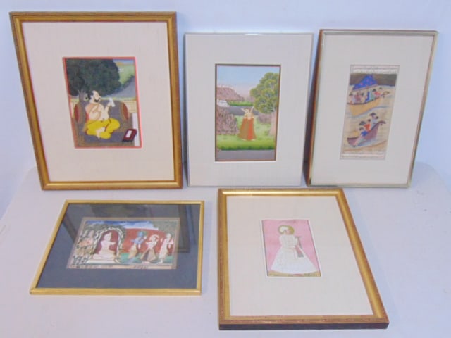 5 Indian, Persian paintings, watercolors, several portraits, scene with figures in a boat, please (1 of 17)
