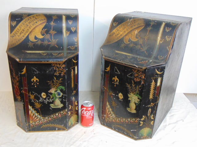 2 vintage tole paint decorated Country Store canisters, bins, "Tea, Coffee & Spice Canister, 141 (1 of 7)