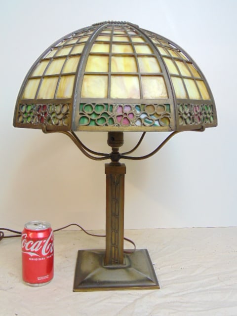 Leaded glass table lamp, square column base with leaded dome, possibly B&H, one panel is replaced, (1 of 5)