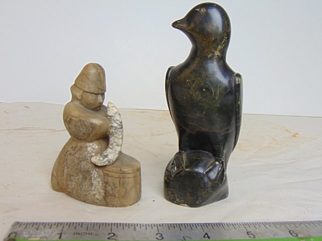 2 early carved stone Inuit carvings, figure with fish & bird, 3.5" & 5" tall (1 of 5)