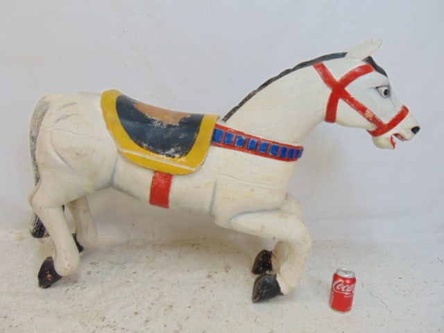 Carved & painted wood carousel horse, possibly Indian, in white with painted detail, no stand, horse (1 of 4)