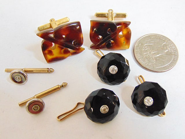 Jewelry. (3) Diamond & black onyx or jet tie clips (tested diamond) & a pair of carved cufflinks pat: Jewelry. (3) Diamond & black onyx or jet tie clips (tested diamond) & a pair of carved cufflinks pat 448868, & two other tie clips
