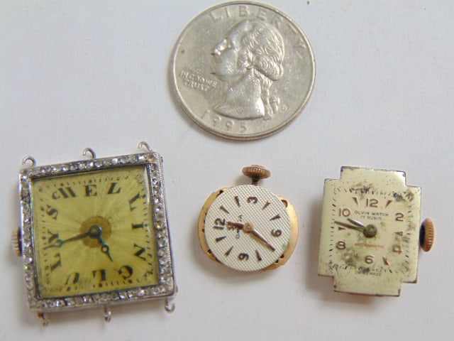 (3) Vintage watch faces, Platinum diamond Art Deco square face; small Omega seventeen jewel; Olvin (1 of 5)