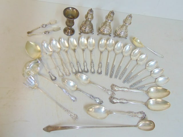 Lot sterling silver flatware & hollowware, 39 troy, salt & pepper, sugar tongs, small cup, sets of (1 of 4)