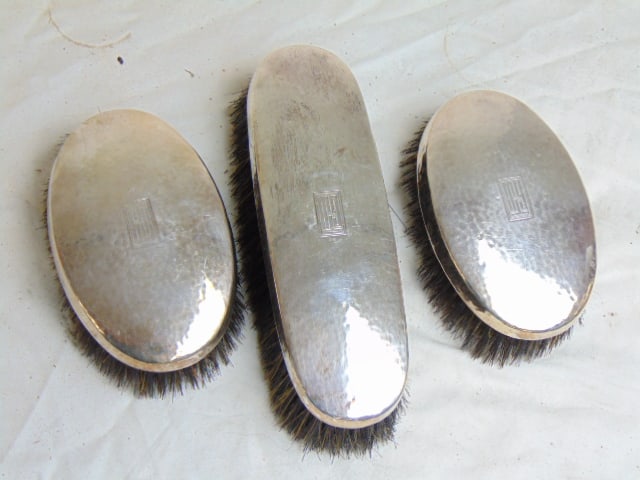 Set 3 sterling silver backed brushes, hammered patina, engraved with monogram "G.T.W." (1 of 6)