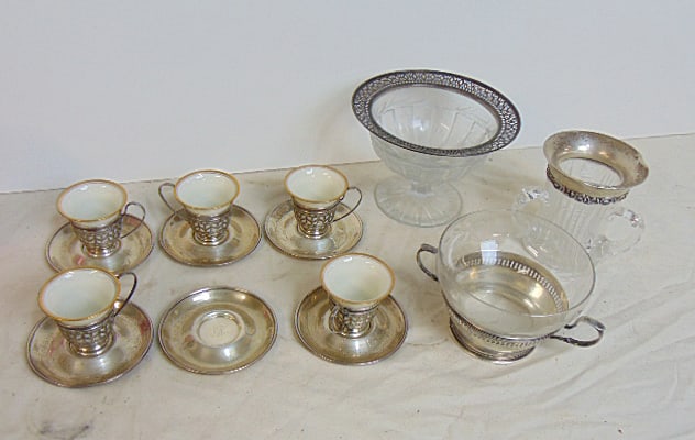 Sterling lot, demi tasse set with inserts by Lenox, sterling rimmed crystal, parts, 12 troy (1 of 5)