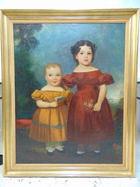 Painting, full body portrait of two young girls, oil on canvas laid down on Masonite, 41.25" by: Painting, full body portrait of two young girls, oil on canvas laid down on Masonite, 41.25" by 32.25" (sight)