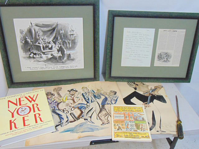 Cartoon lot with books & art pieces, Lee Lorenz, 2 books, cartoon art & framed letter, large cartoon (1 of 10)