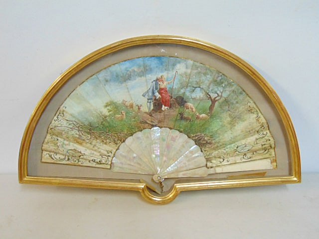 Framed paint decorated fan with mother of pearl frame, courting scene, appears late 18th Century, in (1 of 6)