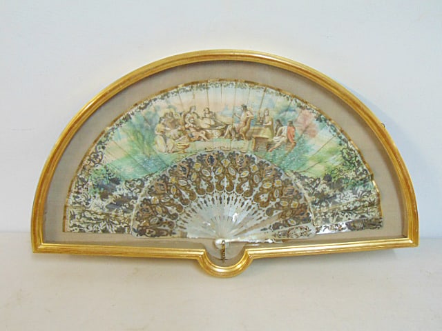 Framed fan, painted scenery with figures, fine quality frame in mother of pearl with various inlaid (1 of 6)
