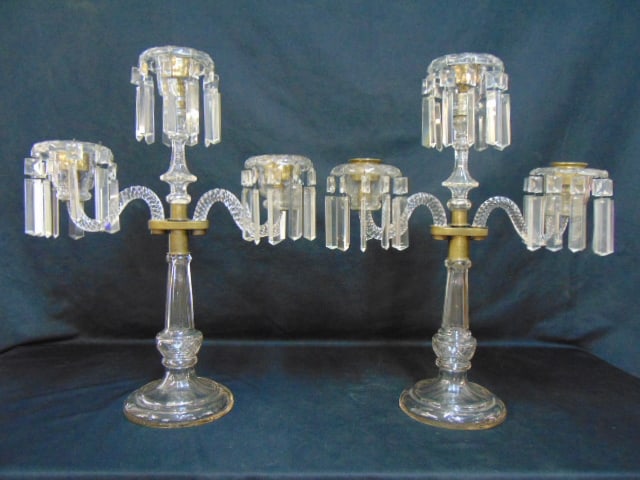 Pair fine quality crystal candelabra with brass split & insert, possibly Baccarat, triple arm, (1 of 6)