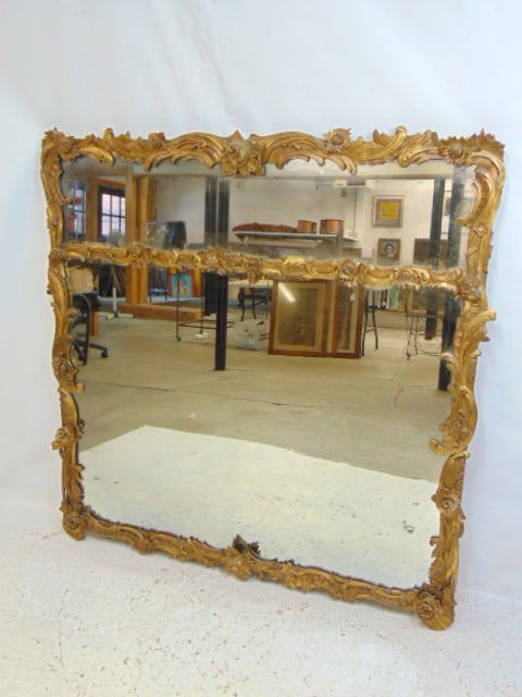 Large 2 part mirror with fancy Rococo style frame, mirror is 54.5" by 52.5", few small carvings (1 of 5)