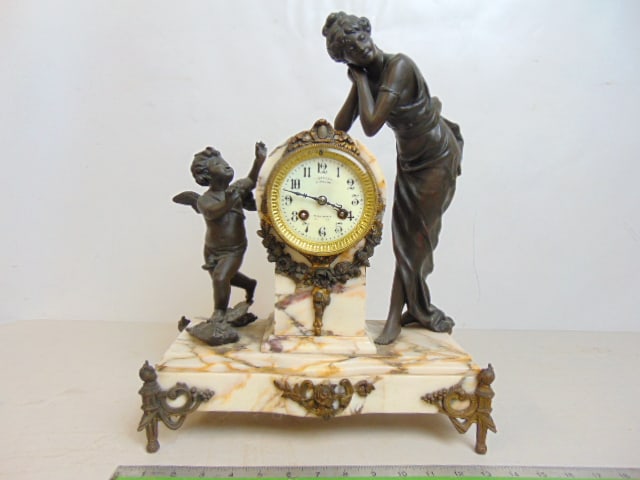 Marble & Spelter figural French mantle clock, "Gaudry, Michels, eur, 64 Rue Royale, with key & (1 of 6)