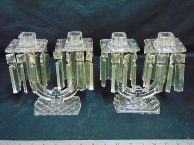 Pair "U" shaped crystal candelabra, possibly Heisey, missing one crystal, height is 7 7/8" (1 of 4)