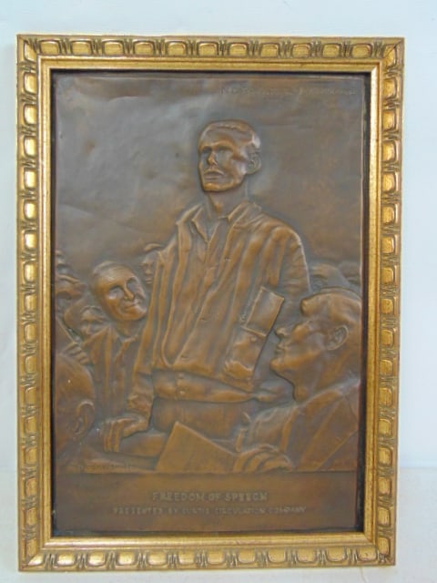 Copper relief plaque, Norman Rockwell, "Freedom of Speech", Presented by Curtis Circulation (1 of 4)