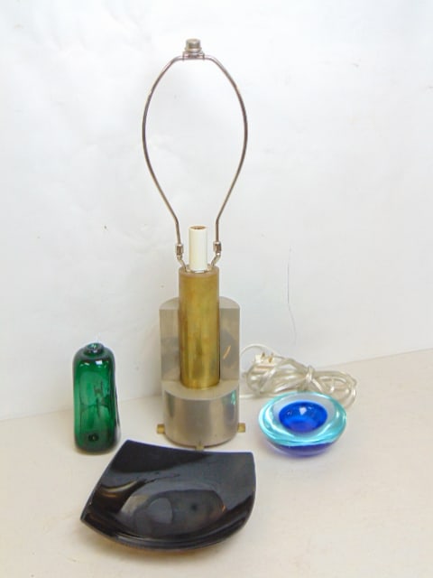 Mixed metal MCM lamps & 3 pieces art glass, aluminum & brass table lamp, no shade, height is 19.5", (1 of 9)