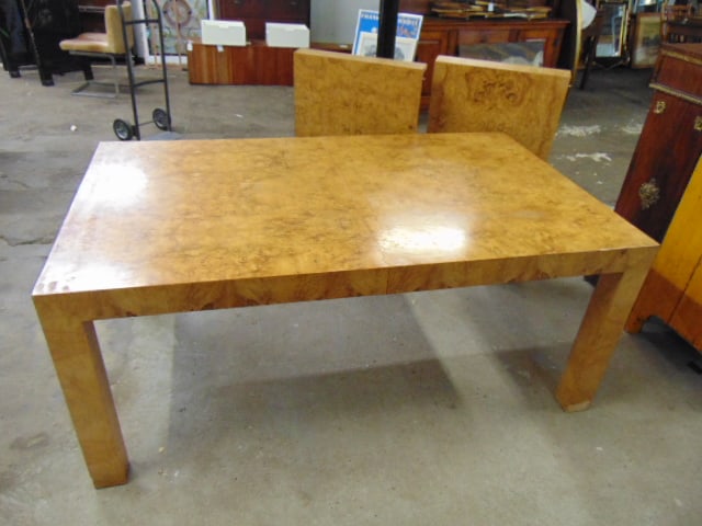 Dining room table in burl veneers, with two leaves,  MCM table is 66" by 39", each leaf is 22", (1 of 5)