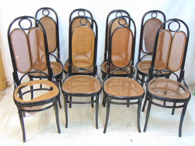 8 chairs by J&J Kohn, Michael Thonet design, set of 6 & a pair, black painted frames with caned seat (1 of 9)