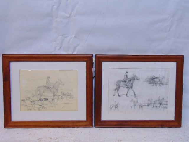 2 pencil drawings, studies, horses, equestrian hunt scenes, unsigned, 12" by 16" & 10.75" by 15" (1 of 5)