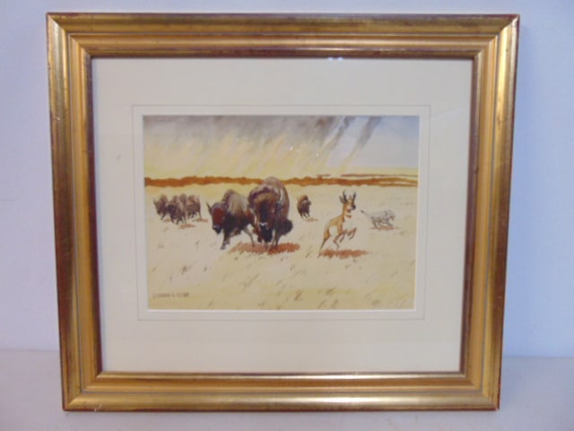 Painting, Buffalo, Elk & Wolf running, Leonard Howard Reedy, watercolor, animals running away from a (1 of 4)