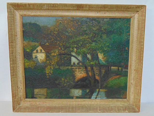 Painting, Stone bridge over stream, houses, unsigned, oil on canvas, stamped on reverse, "Schertle (1 of 4)